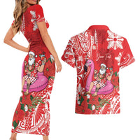 Personalized Hawaii Christmas Couples Matching Short Sleeve Bodycon Dress and Hawaiian Shirt Mele Kalikimaka Chilling Shaka Santa Flamingo - Polynesian Pride