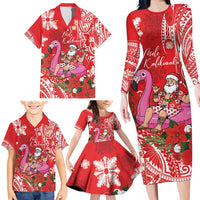 Personalized Hawaii Christmas Family Matching Long Sleeve Bodycon Dress and Hawaiian Shirt Mele Kalikimaka Chilling Shaka Santa Flamingo - Polynesian Pride