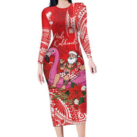 Personalized Hawaii Christmas Family Matching Long Sleeve Bodycon Dress and Hawaiian Shirt Mele Kalikimaka Chilling Shaka Santa Flamingo - Polynesian Pride
