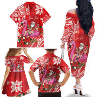 Personalized Hawaii Christmas Family Matching Off The Shoulder Long Sleeve Dress and Hawaiian Shirt Mele Kalikimaka Chilling Shaka Santa Flamingo - Polynesian Pride