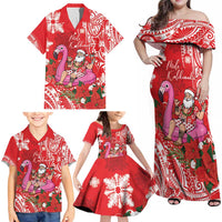 Personalized Hawaii Christmas Family Matching Off Shoulder Maxi Dress and Hawaiian Shirt Mele Kalikimaka Chilling Shaka Santa Flamingo - Polynesian Pride