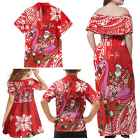 Personalized Hawaii Christmas Family Matching Off Shoulder Maxi Dress and Hawaiian Shirt Mele Kalikimaka Chilling Shaka Santa Flamingo - Polynesian Pride