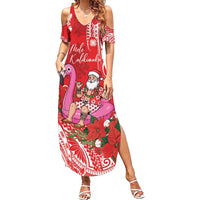 Personalized Hawaii Christmas Family Matching Summer Maxi Dress and Hawaiian Shirt Mele Kalikimaka Chilling Shaka Santa Flamingo - Polynesian Pride