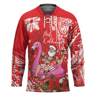 Personalized Hawaii Christmas Hockey Jersey Mele Kalikimaka Chilling Shaka Santa Flamingo - Polynesian Pride