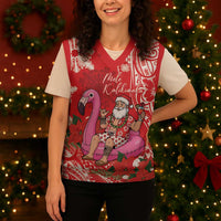 Personalized Hawaii Christmas Knitted V-Neck Vest Mele Kalikimaka Chilling Shaka Santa Flamingo - Polynesian Pride