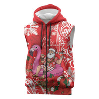 Personalized Hawaii Christmas Sleeveless Zip Hoodie Mele Kalikimaka Chilling Shaka Santa Flamingo - Polynesian Pride