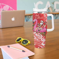 Personalized Hawaii Christmas Tumbler With Handle Mele Kalikimaka Chilling Shaka Santa Flamingo - Polynesian Pride