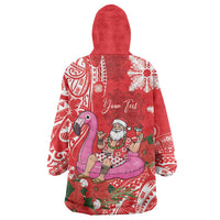 Personalized Hawaii Christmas Wearable Blanket Hoodie Mele Kalikimaka Chilling Shaka Santa Flamingo - Polynesian Pride