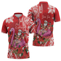 Personalized Hawaii Christmas Zipper Polo Shirt Mele Kalikimaka Chilling Shaka Santa Flamingo - Polynesian Pride