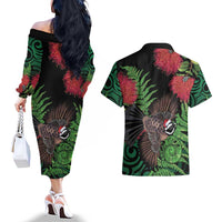 Meri Kirihimete New Zealand Couples Matching Off The Shoulder Long Sleeve Dress and Hawaiian Shirt Piwakawaka Koru Fern Mix Pohutukawa - Polynesian Pride