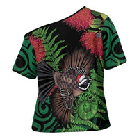 Meri Kirihimete New Zealand Cross Shoulder Shirt Piwakawaka Koru Fern Mix Pohutukawa - Polynesian Pride