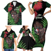 Meri Kirihimete New Zealand Family Matching Short Sleeve Bodycon Dress and Hawaiian Shirt Piwakawaka Koru Fern Mix Pohutukawa - Polynesian Pride