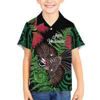 Meri Kirihimete New Zealand Family Matching Short Sleeve Bodycon Dress and Hawaiian Shirt Piwakawaka Koru Fern Mix Pohutukawa - Polynesian Pride
