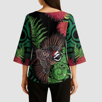 Meri Kirihimete New Zealand Kimono Sleeve Blouse Piwakawaka Koru Fern Mix Pohutukawa - Polynesian Pride