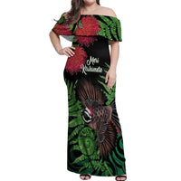 Meri Kirihimete New Zealand Off Shoulder Maxi Dress Piwakawaka Koru Fern Mix Pohutukawa - Polynesian Pride