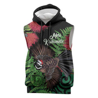 Meri Kirihimete New Zealand Sleeveless Hoodie Piwakawaka Koru Fern Mix Pohutukawa - Polynesian Pride
