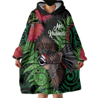Meri Kirihimete New Zealand Wearable Blanket Hoodie Piwakawaka Koru Fern Mix Pohutukawa - Polynesian Pride