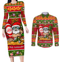 Personalised Hawaii Surfing Santa Christmas Couples Matching Long Sleeve Bodycon Dress and Long Sleeve Button Shirt Tropical Pineapple Mele Kalikimaka Quilt Pattern LT14 Red - Polynesian Pride