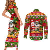 Personalised Hawaii Surfing Santa Christmas Couples Matching Short Sleeve Bodycon Dress and Long Sleeve Button Shirt Tropical Pineapple Mele Kalikimaka Quilt Pattern LT14 - Polynesian Pride
