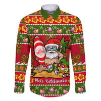 Personalised Hawaii Surfing Santa Christmas Family Matching Tank Maxi Dress and Hawaiian Shirt Tropical Pineapple Mele Kalikimaka Quilt Pattern LT14 Dad's Shirt - Long Sleeve Red - Polynesian Pride