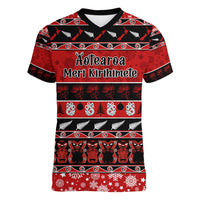 Personalised New Zealand Christmas Women V Neck T Shirt Aotearoa Kiwi Meri Kirihimete Red Version LT14 Female Red - Polynesian Pride