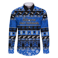 Personalised New Zealand Christmas Family Matching Mermaid Dress and Hawaiian Shirt Aotearoa Kiwi Meri Kirihimete Blue Version LT14 Dad's Shirt - Long Sleeve Blue - Polynesian Pride