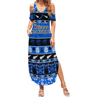Personalised New Zealand Christmas Family Matching Summer Maxi Dress and Hawaiian Shirt Aotearoa Kiwi Meri Kirihimete Blue Version LT14 Mom's Dress Blue - Polynesian Pride