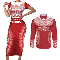 Custom Tonga Mate Maa Couples Matching Short Sleeve Bodycon Dress and Long Sleeve Button Shirt Go Champions Tongan Ngatu - Red