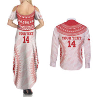 Custom Tonga Mate Maa Couples Matching Summer Maxi Dress and Long Sleeve Button Shirt Go Champions Tongan Ngatu - White
