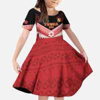 Custom Mate Maa Tonga XIII Family Matching Long Sleeve Bodycon Dress and Hawaiian Shirt Tongan Kupesi Ngatu - Rugby Style LT14 Daughter's Dress Red - Polynesian Pride