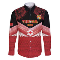 Custom Mate Maa Tonga XIII Family Matching Mermaid Dress and Hawaiian Shirt Tongan Kupesi Ngatu - Rugby Style LT14 Dad's Shirt - Long Sleeve Red - Polynesian Pride