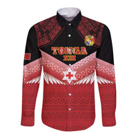 Custom Mate Maa Tonga XIII Long Sleeve Button Shirt Tongan Kupesi Ngatu - Rugby Style LT14 Unisex Red - Polynesian Pride