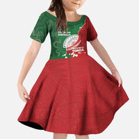 Custom Tonga And Australia Rugby Family Matching Off The Shoulder Long Sleeve Dress and Hawaiian Shirt Mate Maa Tongan Ngatu Mix Kangaroos Aboriginal LT14 Daughter's Dress Green - Polynesian Pride