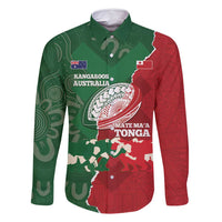 Custom Tonga And Australia Rugby Family Matching Tank Maxi Dress and Hawaiian Shirt Mate Maa Tongan Ngatu Mix Kangaroos Aboriginal LT14 Dad's Shirt - Long Sleeve Green - Polynesian Pride