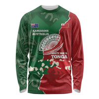 Custom Tonga And Australia Rugby Long Sleeve Shirt Mate Maa Tongan Ngatu Mix Kangaroos Aboriginal LT14 Unisex Green - Polynesian Pride