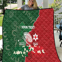 Custom Tonga And Australia Rugby Quilt Mate Maa Tongan Ngatu Mix Kangaroos Aboriginal LT14 Green - Polynesian Pride