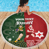 Custom Mate Maa Tonga And Kangaroo Australia Beach Blanket Tongan Kupesi Mix Aboriginal Art