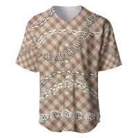 Brown Aloha Hawaii Shell Lei Baseball Jersey Palaka Hebrew Cone Honey Cowrie Elegant Curves LT14 Brown - Polynesian Pride