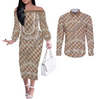 Brown Aloha Hawaii Shell Lei Couples Matching Off The Shoulder Long Sleeve Dress and Long Sleeve Button Shirt Palaka Hebrew Cone Honey Cowrie Elegant Curves - Polynesian Pride