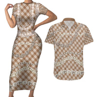 Brown Aloha Hawaii Shell Lei Couples Matching Short Sleeve Bodycon Dress and Hawaiian Shirt Palaka Hebrew Cone Honey Cowrie Elegant Curves - Polynesian Pride
