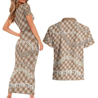 Brown Aloha Hawaii Shell Lei Couples Matching Short Sleeve Bodycon Dress and Hawaiian Shirt Palaka Hebrew Cone Honey Cowrie Elegant Curves LT14 - Polynesian Pride