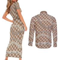 Brown Aloha Hawaii Shell Lei Couples Matching Short Sleeve Bodycon Dress and Long Sleeve Button Shirt Palaka Hebrew Cone Honey Cowrie Elegant Curves LT14 - Polynesian Pride