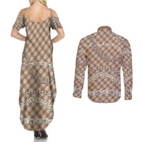 Brown Aloha Hawaii Shell Lei Couples Matching Summer Maxi Dress and Long Sleeve Button Shirt Palaka Hebrew Cone Honey Cowrie Elegant Curves LT14 - Polynesian Pride