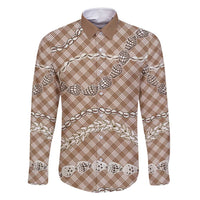 Brown Aloha Hawaii Shell Lei Family Matching Long Sleeve Bodycon Dress and Hawaiian Shirt Palaka Hebrew Cone Honey Cowrie Elegant Curves - Polynesian Pride