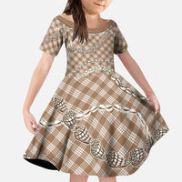 Brown Aloha Hawaii Shell Lei Family Matching Off The Shoulder Long Sleeve Dress and Hawaiian Shirt Palaka Hebrew Cone Honey Cowrie Elegant Curves LT14 Daughter's Dress Brown - Polynesian Pride
