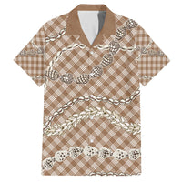 Brown Aloha Hawaii Shell Lei Family Matching Off The Shoulder Long Sleeve Dress and Hawaiian Shirt Palaka Hebrew Cone Honey Cowrie Elegant Curves - Polynesian Pride