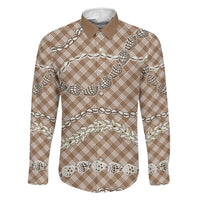 Brown Aloha Hawaii Shell Lei Family Matching Off Shoulder Maxi Dress and Hawaiian Shirt Palaka Hebrew Cone Honey Cowrie Elegant Curves LT14 Dad's Shirt - Long Sleeve Brown - Polynesian Pride