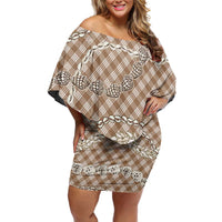 Brown Aloha Hawaii Shell Lei Family Matching Off Shoulder Short Dress and Hawaiian Shirt Palaka Hebrew Cone Honey Cowrie Elegant Curves - Polynesian Pride
