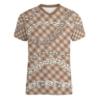 Brown Aloha Hawaii Shell Lei Women V-Neck T-Shirt Palaka Hebrew Cone Honey Cowrie Elegant Curves LT14 Female Brown - Polynesian Pride