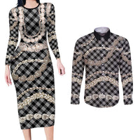 Black Aloha Hawaii Shell Lei Couples Matching Long Sleeve Bodycon Dress and Long Sleeve Button Shirt Palaka Hebrew Cone Honey Cowrie Elegant Curves - Polynesian Pride